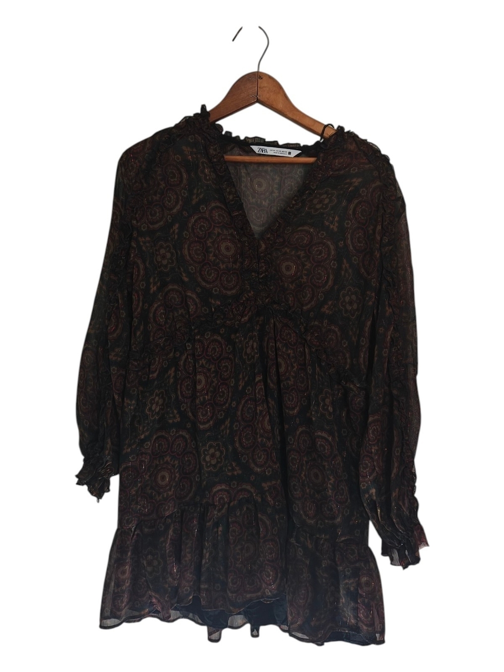 Zara Sheer Boho Floral Ruffle Mini Dress Dark Size XS